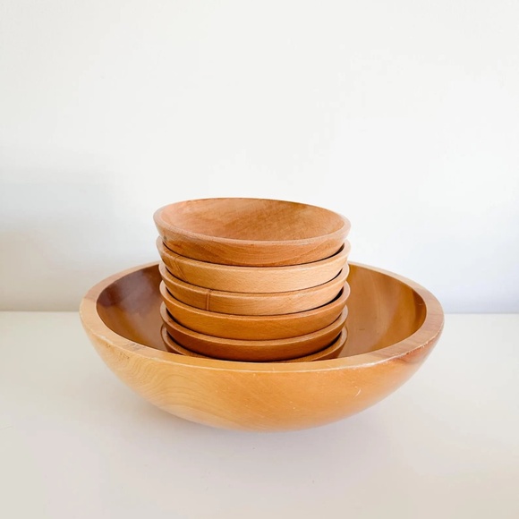 Vintage Bariboocraft Wooden Bowl With Six Made in Japan Side Wooden Bowl - Picture 1 of 9